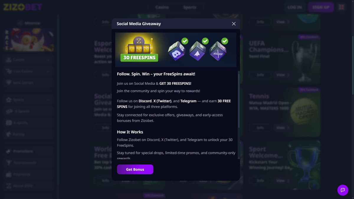 Social media giveaway Zizobet Casino