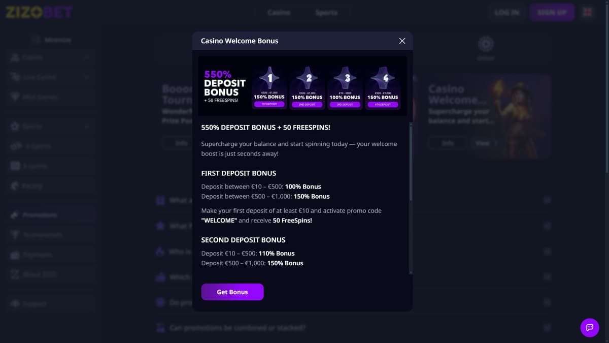 Welcome bonus Zizobet Casino