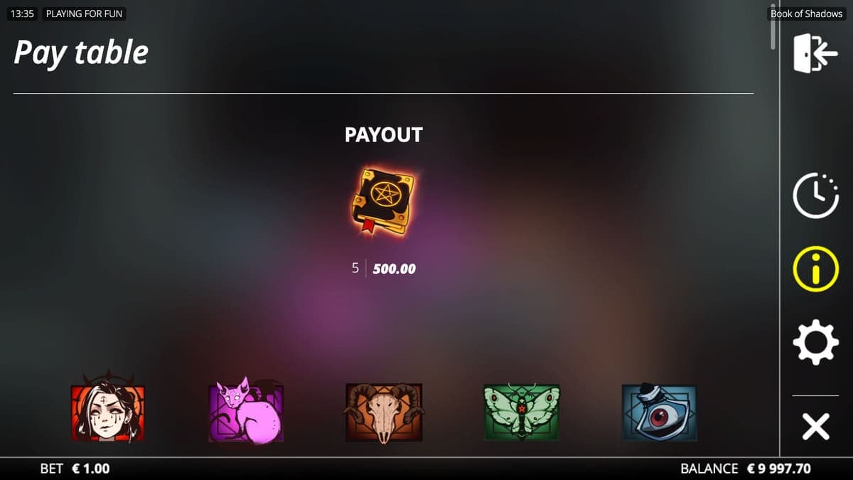 Paytable Book of Shadows Game